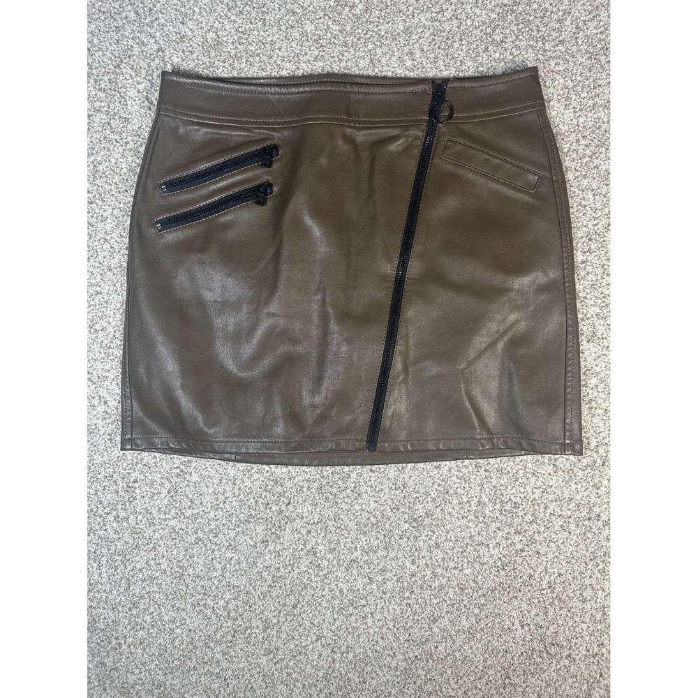 Express Faux Leather Moto Mini Skirt Olive Brown Size 8 NWT Zippers